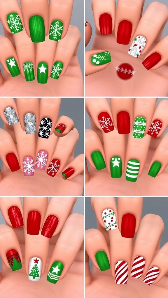 The Sims 4 Christmas Nail Designs A collection of Christmas nail designs for Sims, featuring red and green colors, snowflakes, and candy cane patterns.